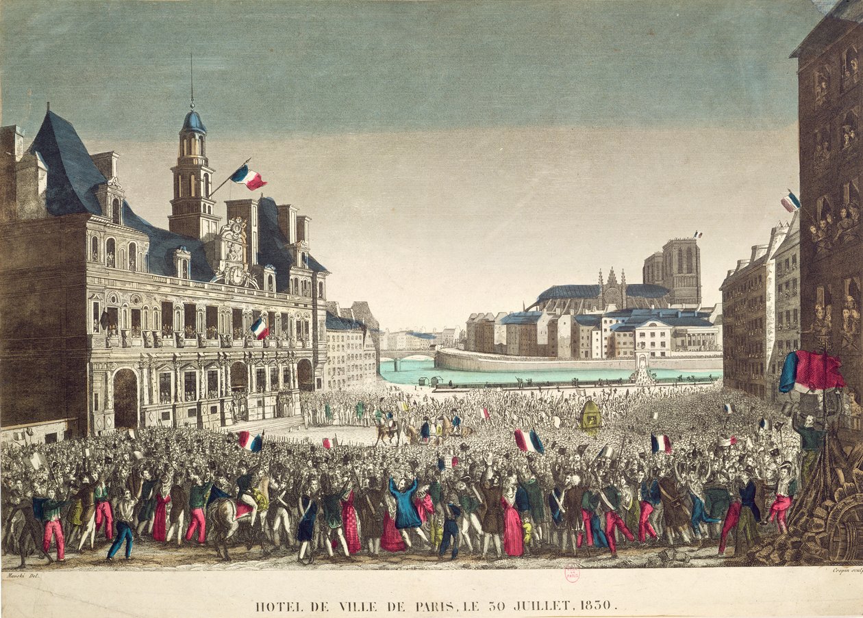 Orléansin herttuan saapuminen Hotel de Villeen, 31. heinäkuuta 1830, kaiverrus Cropin tekijältä Mavski