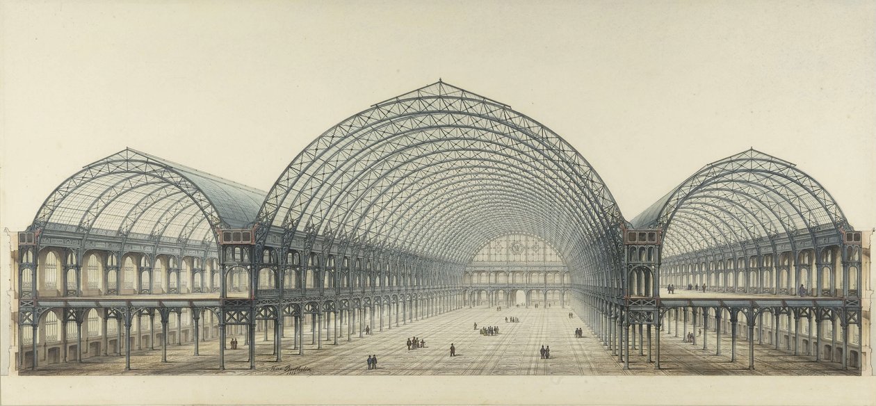 Yleisnäyttely 1855. Teollisuuden palatsi, poikkileikkaus tekijältä Max Berthelin