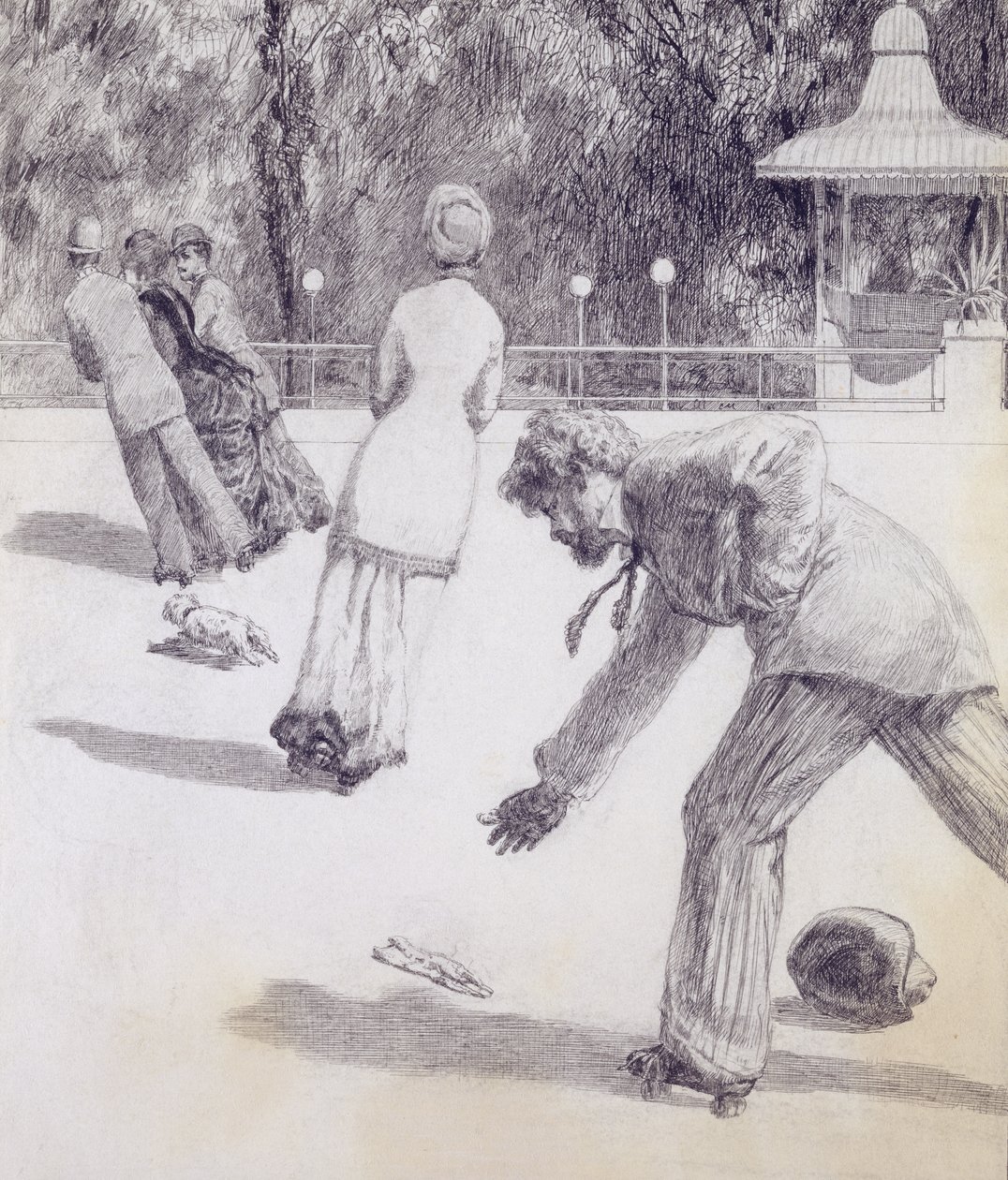 Toimintaa elokuvasta "Parafraasi hanskan löytämisestä", pub. 1881, 1878 (pesty intialainen muste ja kynä) tekijältä Max Klinger