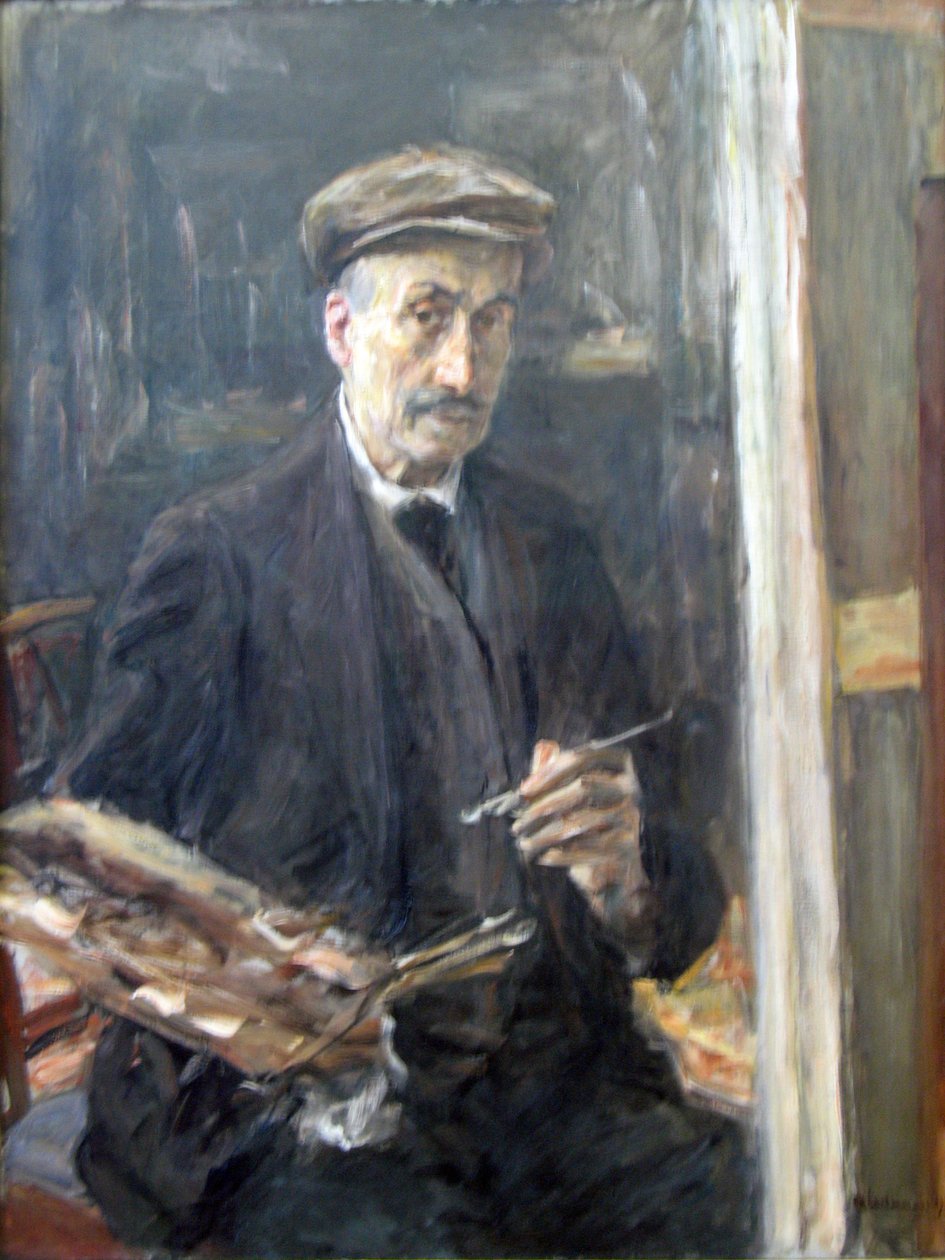 Omakuva, jossa urheilullinen lippis easelnissa Deutsch: Selbstportrait mit Sportmutze an der Staffelein: n tekijältä Max Liebermann