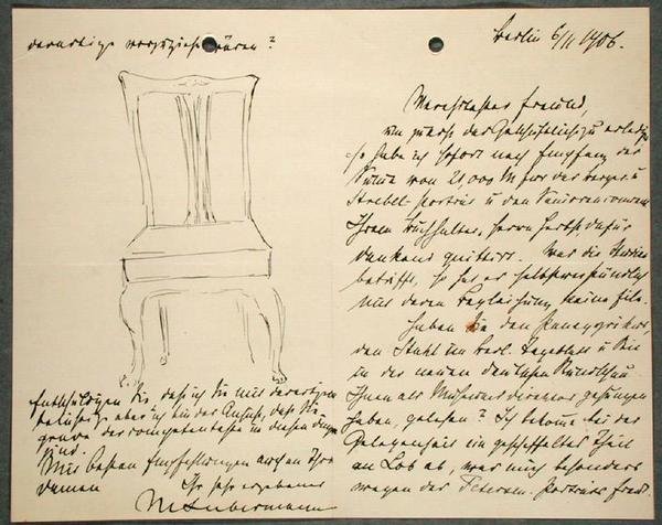 Taiteilijan muistiinpanot ja luonnos tuolista (muste paperille) tekijältä Max Liebermann