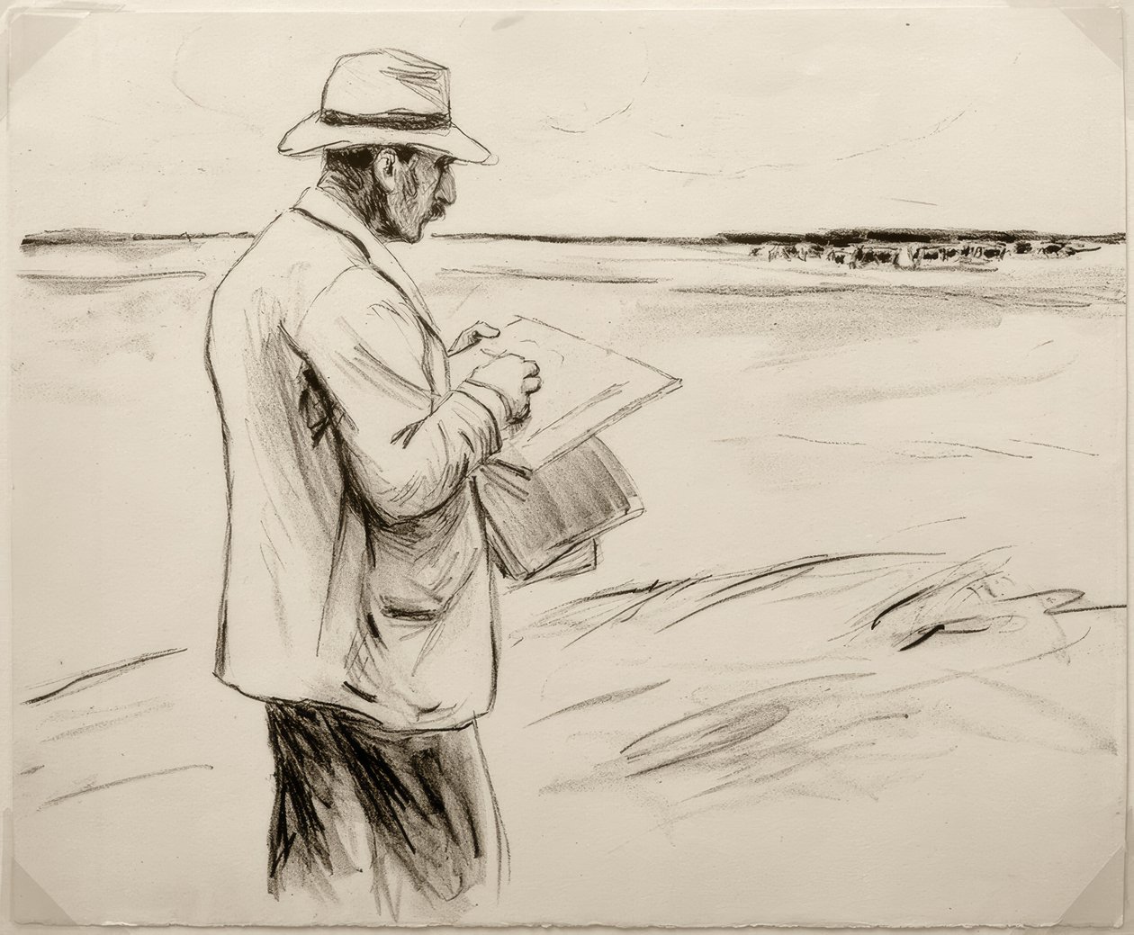 M.Liebermann, Selbstbildnis, im Freien zeichnend tekijältä Max Liebermann