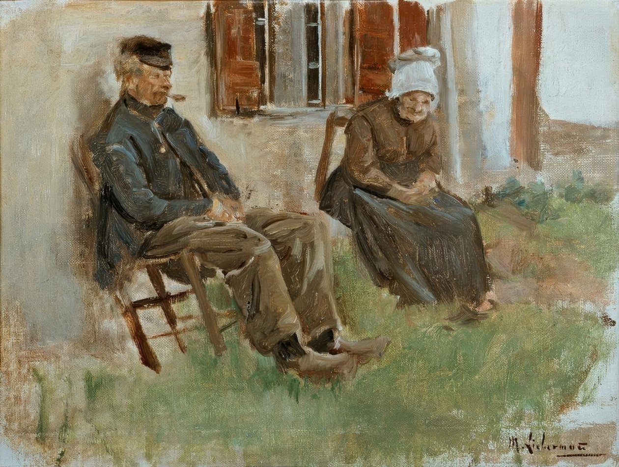 Studie aus Holland: Altes Paar vor einem Haus sitzend tekijältä Max Liebermann