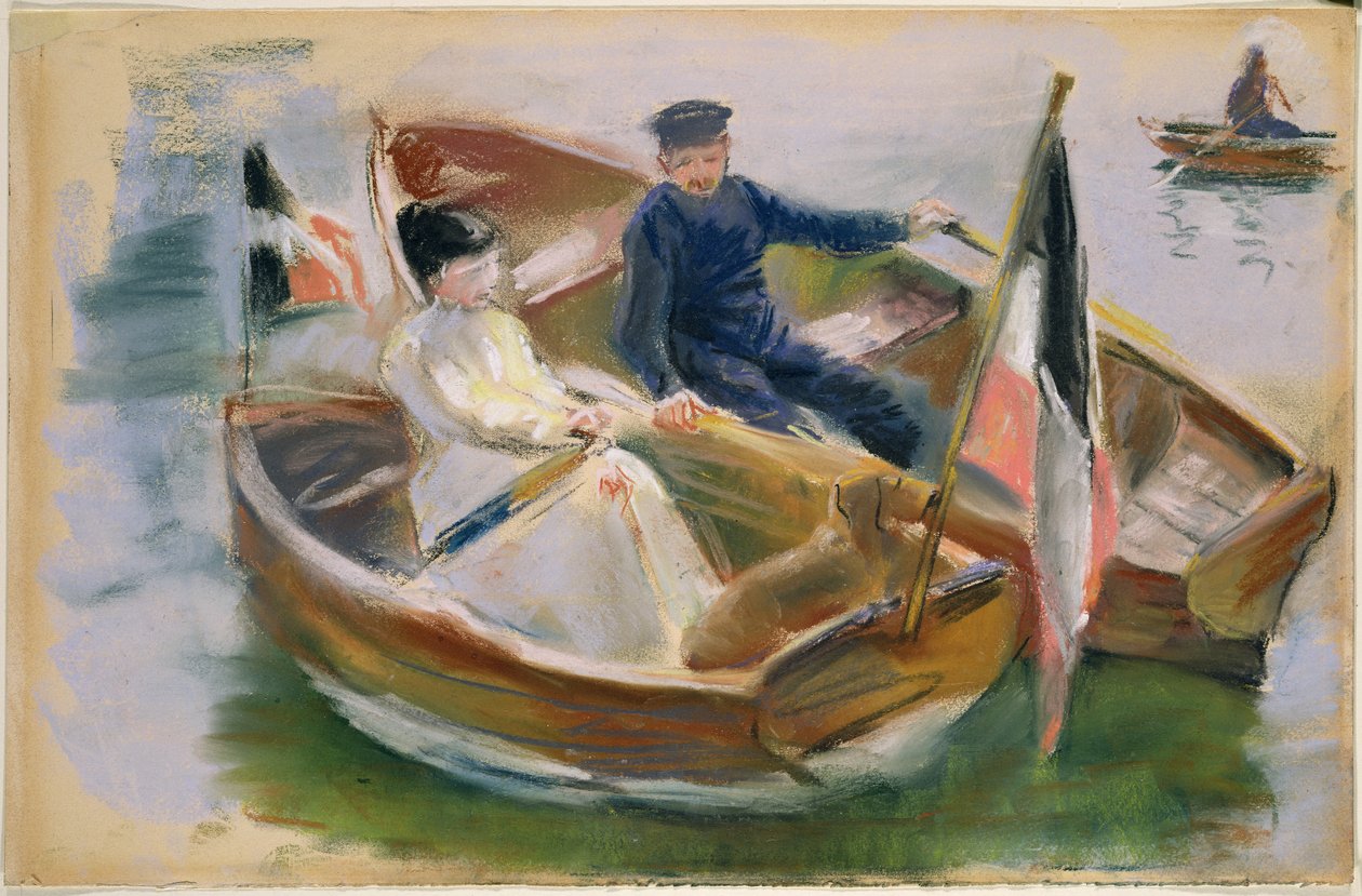 Kaksi venettä lippujen kanssa, Wannsee, 1910 (pastelli paperille) tekijältä Max Liebermann
