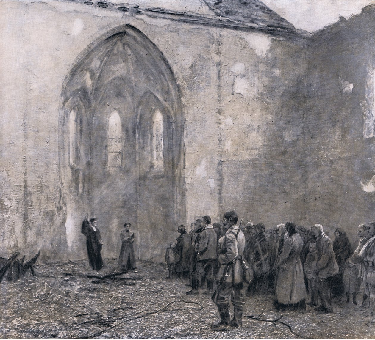 Itä-Preussi Venäjän "terrorismin päivien" jälkeen. Ensimmäinen jumalanpalvelus tuhoutuneessa Luckin kirkossa, kuva Hindenburgista, julkaisija Daterlandischer Derlag C U Weller Berlin, 1922 tekijältä Max Rabes