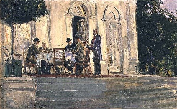 Illallinen Badenburgin terassilla Nymphenburgin linnassa, 1908 tekijältä Max Slevogt
