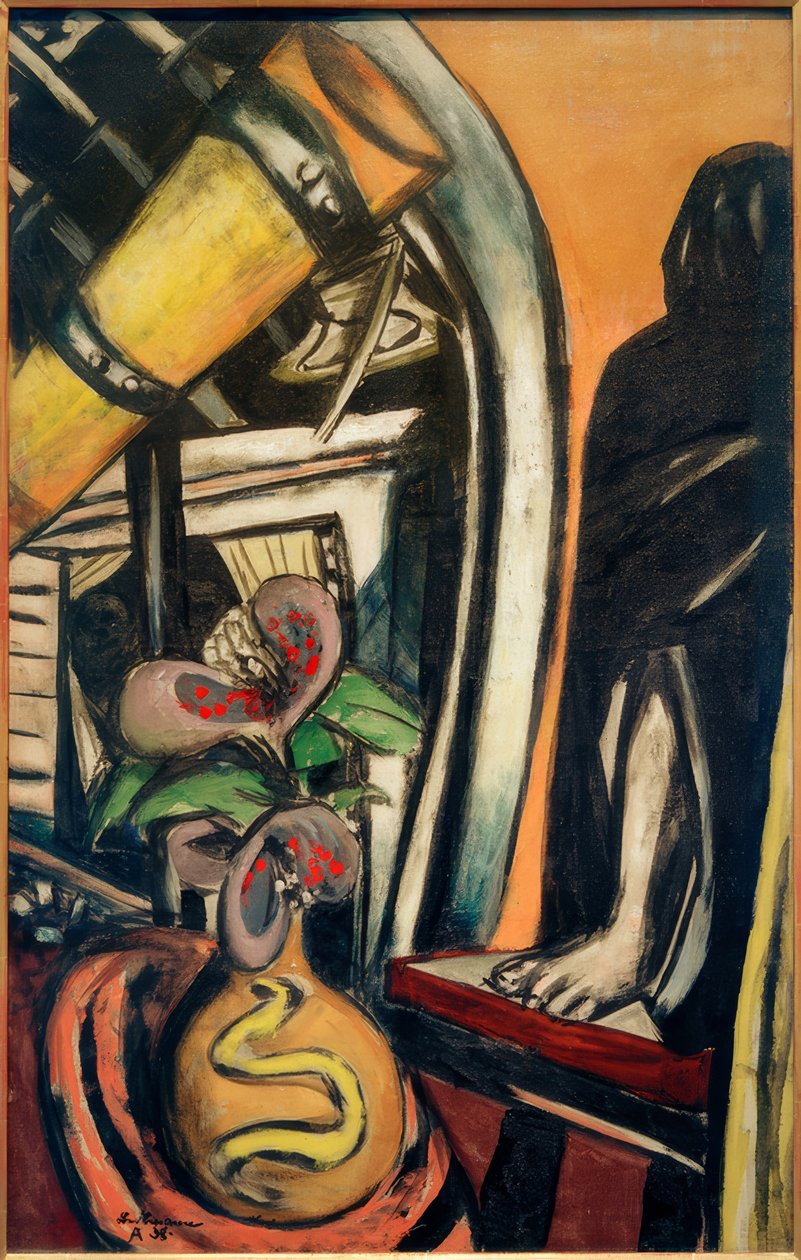 Studio (yö). Asetelma, jossa on kaukoputki ja hunnutettu hahmo tekijältä Max Beckmann