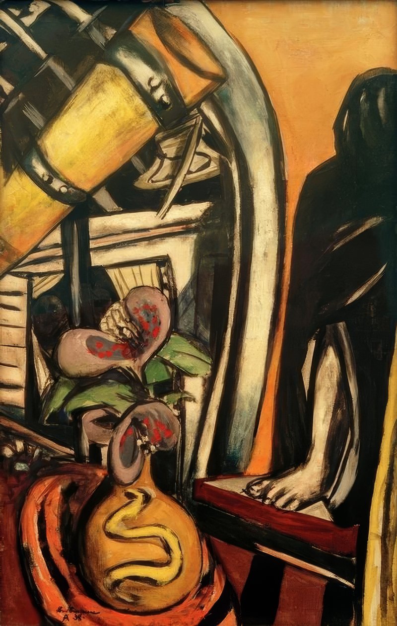 Atelier (yö). Asetelma kaukoputken ja verhotun hahmon kanssa tekijältä Max Beckmann