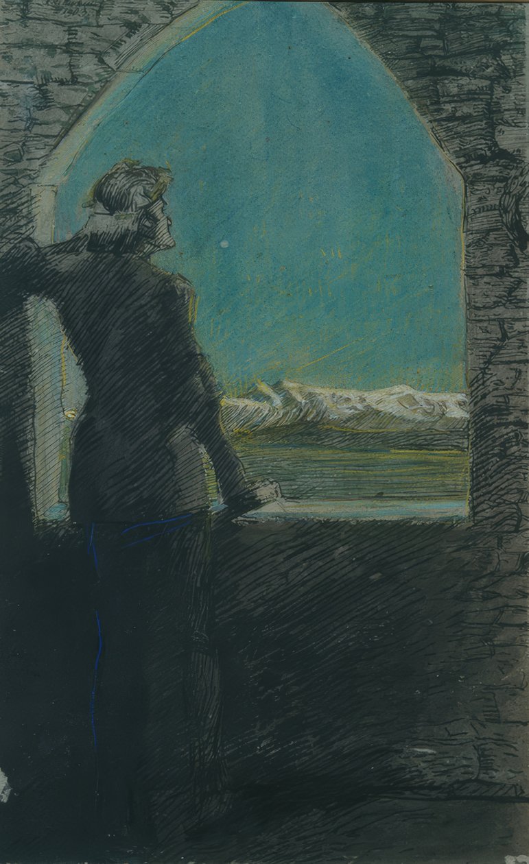 Seppeleessä oleva nuori mies katselee kaukaisuuteen vanhasta muurista tekijältä Max Beckmann