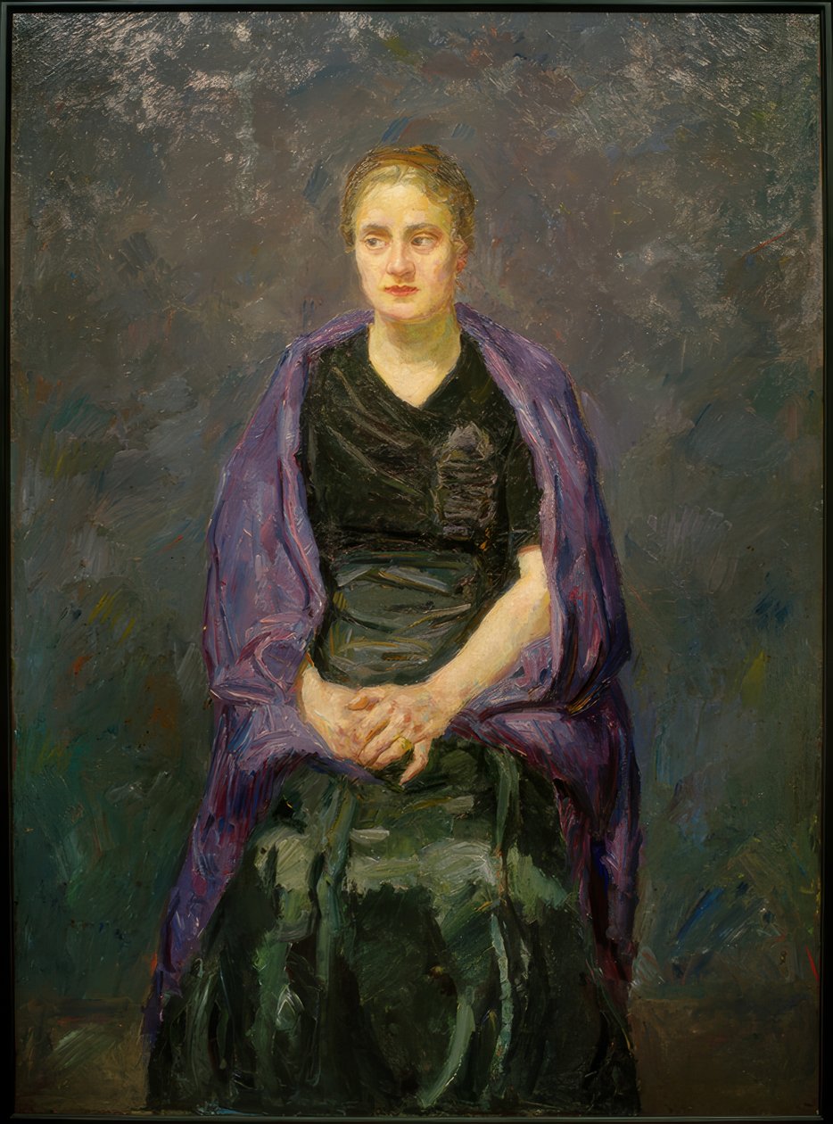 Muotokuva Minna Beckmann-Tubesta violetilla huivilla tekijältä Max Beckmann
