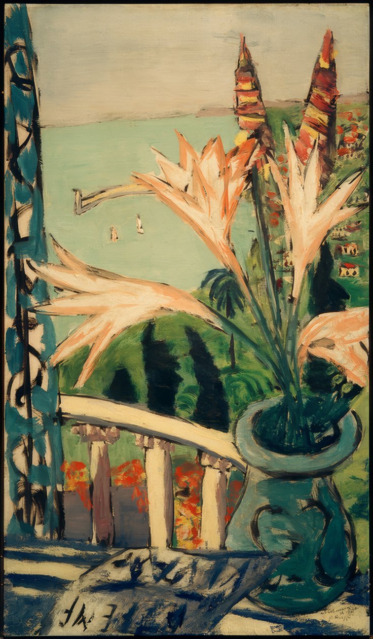 Näkymä Mentonista liljaruukun kanssa tekijältä Max Beckmann