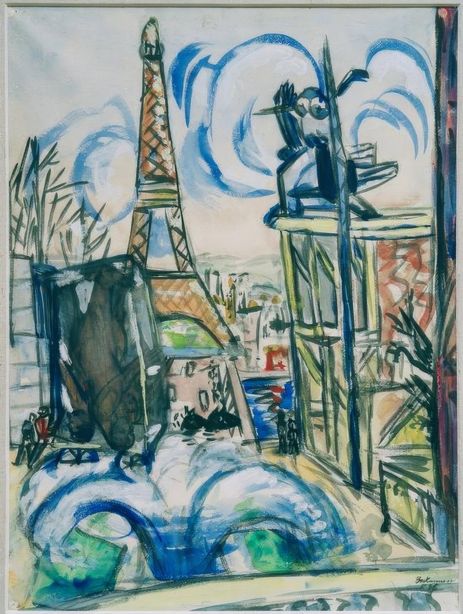Näkymä rakenteilla olevasta maailmannäyttelyalueesta ja Eiffel-tornista. tekijältä Max Beckmann