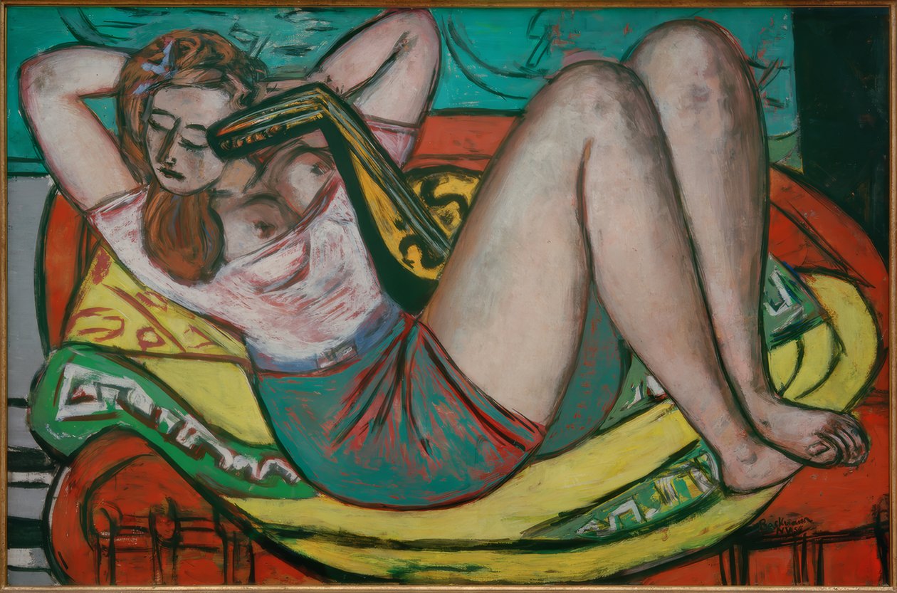 Nainen mandoliinilla keltaisessa ja punaisessa tekijältä Max Beckmann