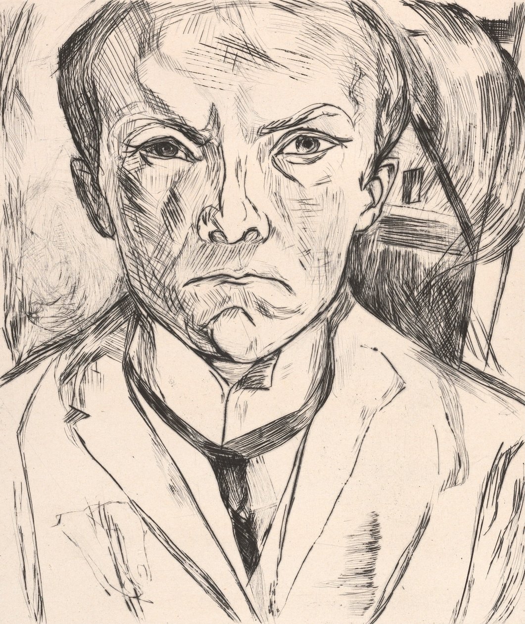 Omakuva edestä, taustalla talon pääty tekijältä Max Beckmann