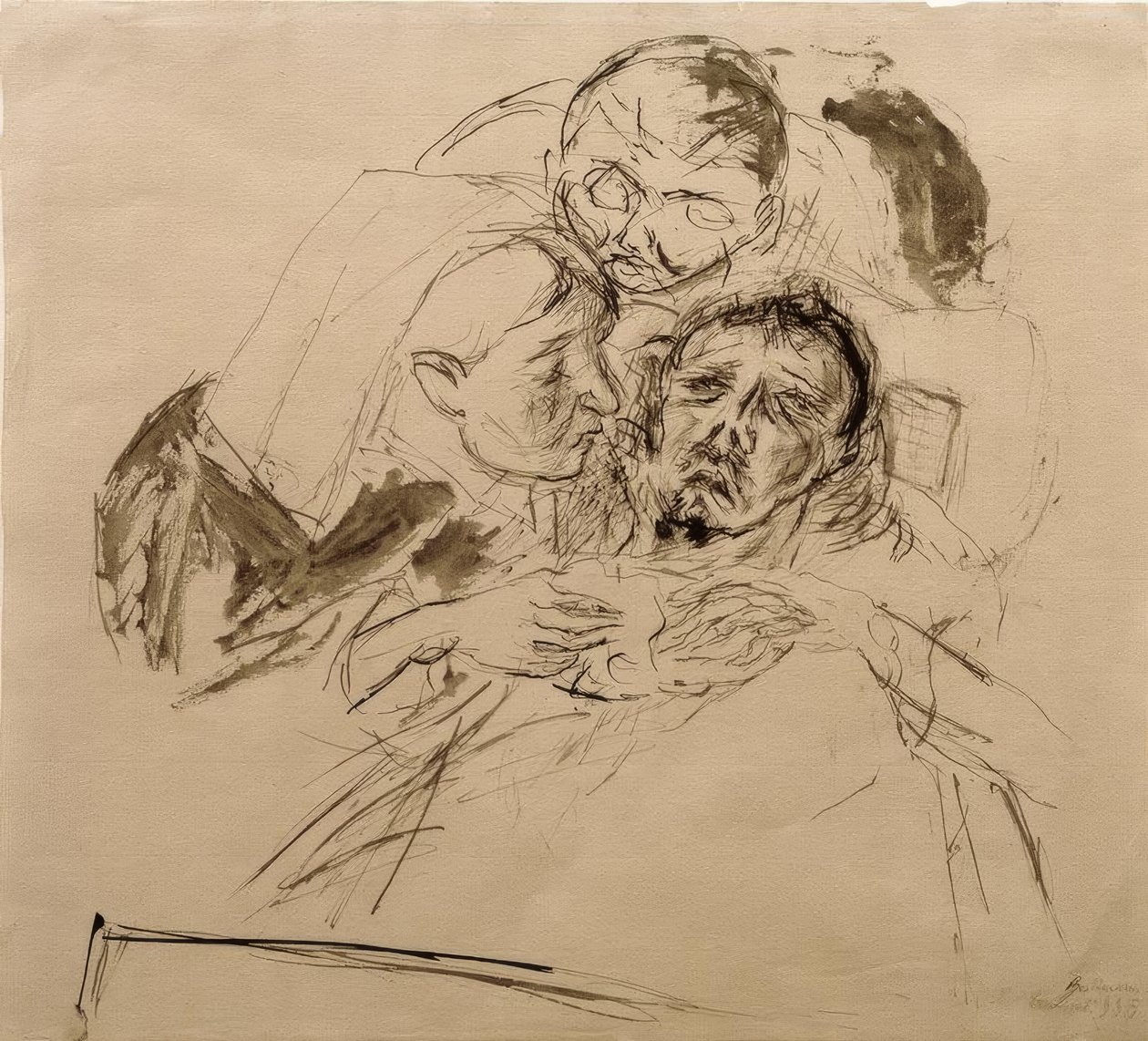 Sairaanhoitaja ja mieshahmo, kumartunut sairaan ihmisen päälle tekijältä Max Beckmann