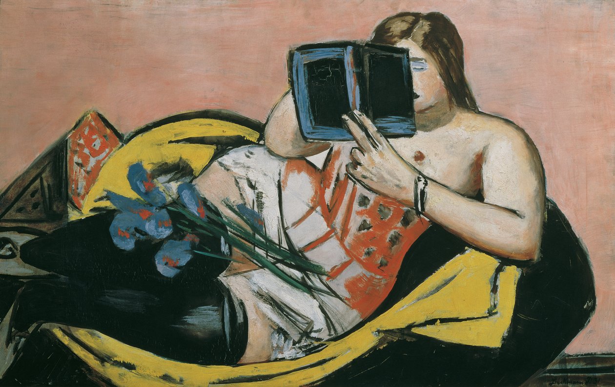 Nainen makaa kirjan ja iiristen kanssa tekijältä Max Beckmann