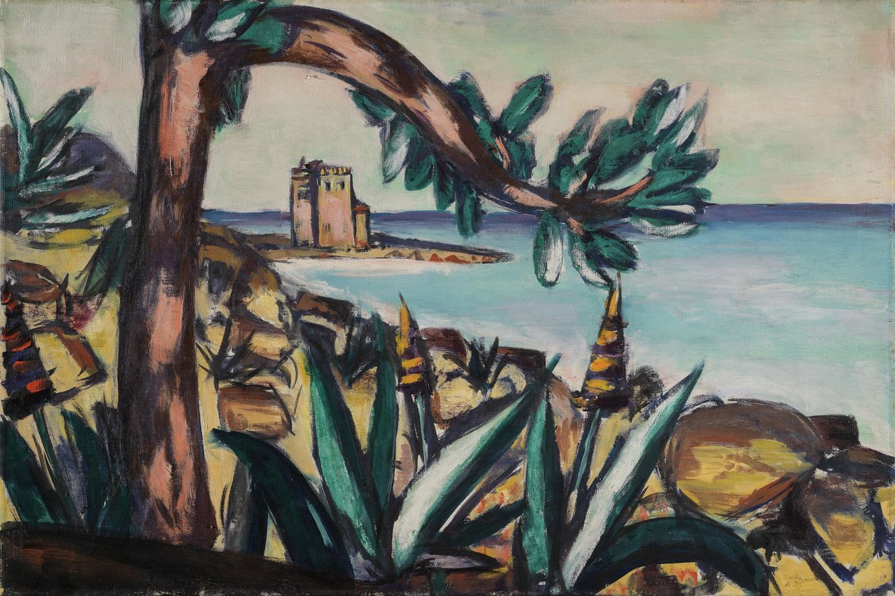 Merimaisema, jossa on agaveja ja vanha linna tekijältä Max Beckmann