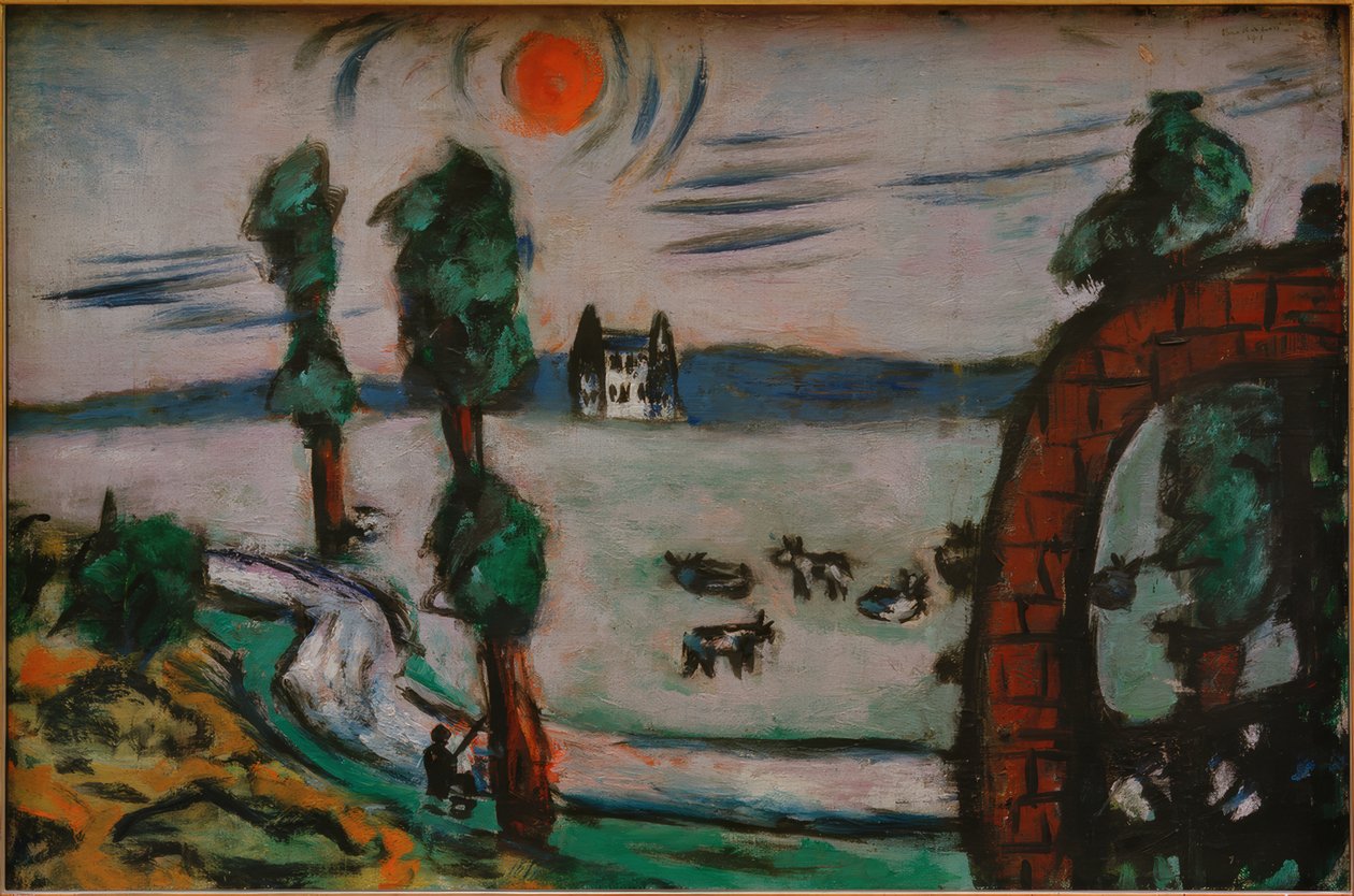Sumuinen maisema lehmien kanssa tekijältä Max Beckmann
