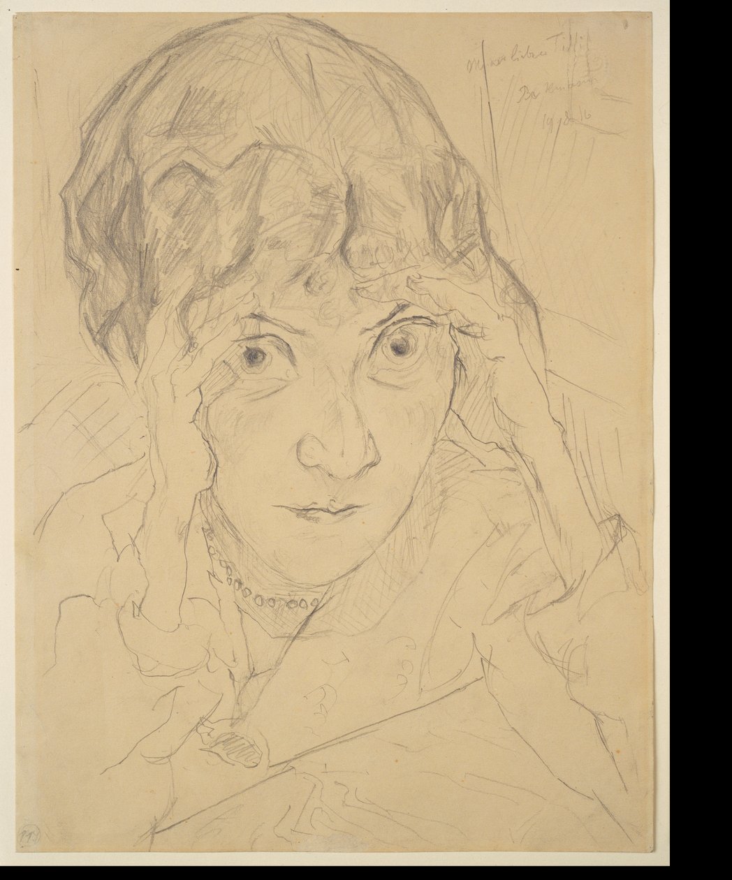 Fridel Battenbergin muotokuva, pää molempiin käsiin nojattuna tekijältä Max Beckmann