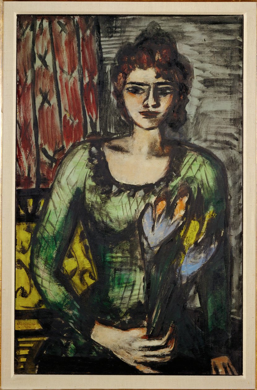 Muotokuva Quappista (Beckmannin toinen vaimo Mathilde) vihreän villapaidan kanssa. tekijältä Max Beckmann