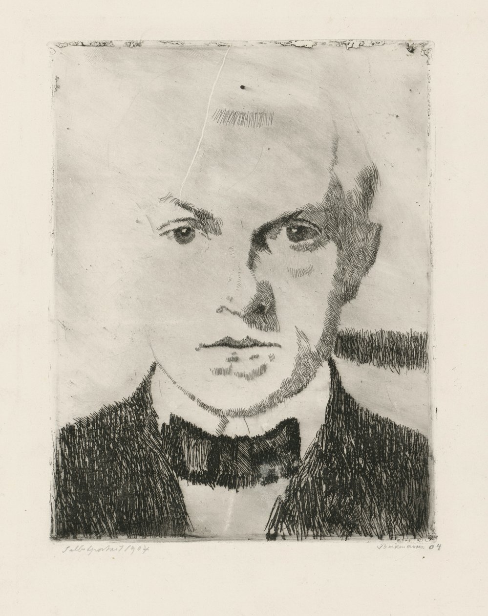 Omakuva (takapuolella: kylmäneulakaiverruksen ”Liebespaar” (Rakastava pari) ensimmäinen painos vuodelta 1916, Hofmaier 88 I) tekijältä Max Beckmann