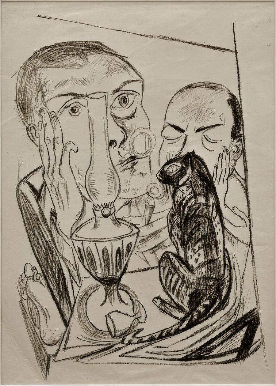 Omakuva kissalla ja lampulla tekijältä Max Beckmann