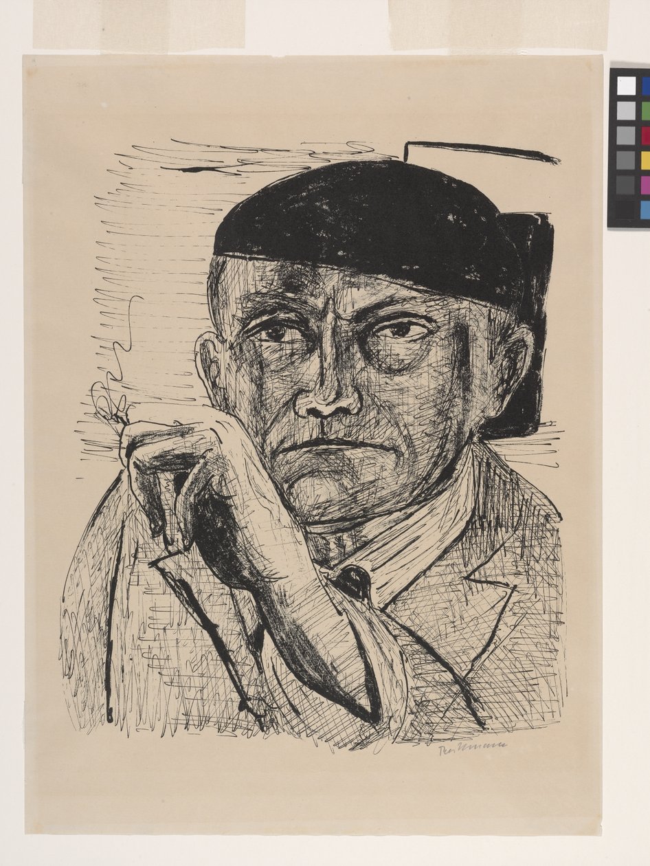 Omakuva (Selbstbildnis) (litografia luonnonvalkoiselle emaloidulle veliinipaperille) tekijältä Max Beckmann