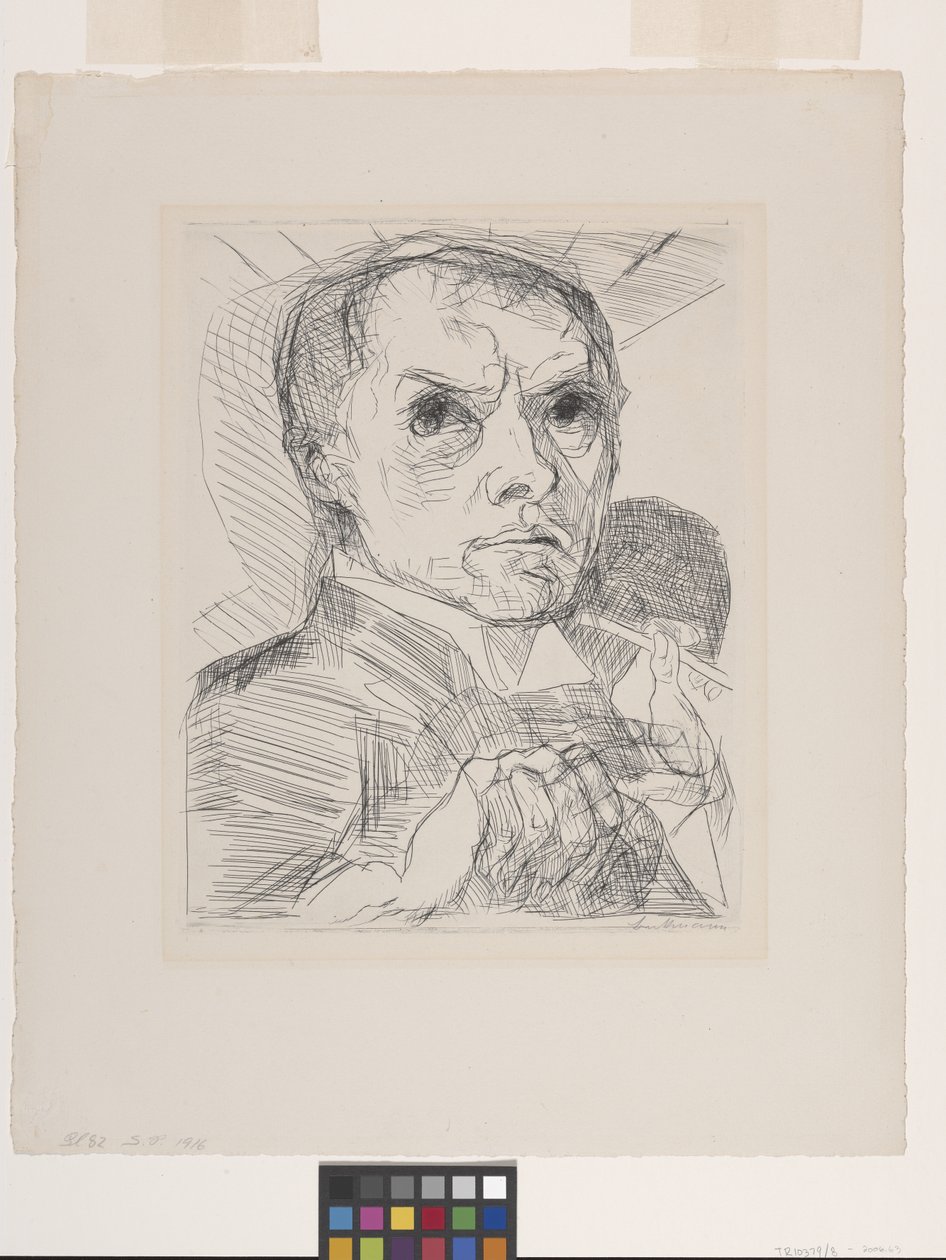 Omakuva kynällä (kuivakärki luonnonvalkoiselle levitetylle paperille) tekijältä Max Beckmann