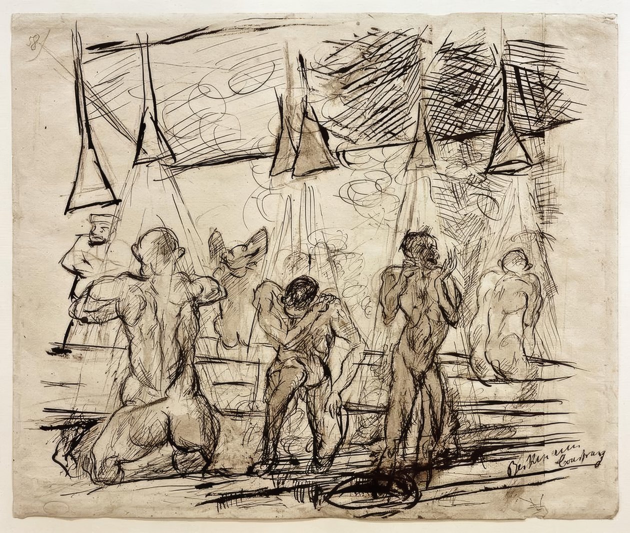 Sotilaiden kylpy - sotilaat suihkussa tekijältä Max Beckmann