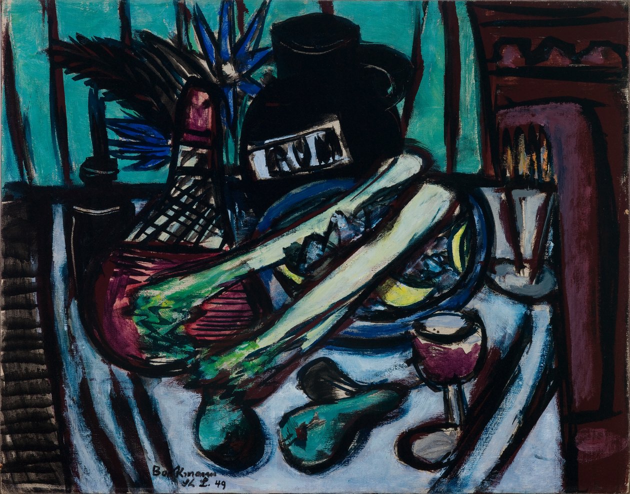 Asetelma, jossa on Chianti-pullo ja selleri tekijältä Max Beckmann