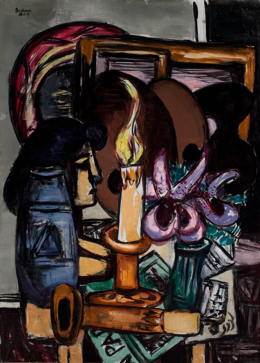 Asetelma, jossa on kaksi suurta kynttilää tekijältä Max Beckmann