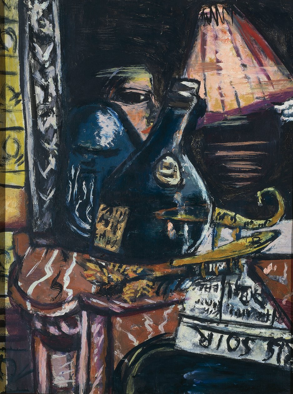Still Life vino snapsipullon ja Buddhan kanssa tekijältä Max Beckmann