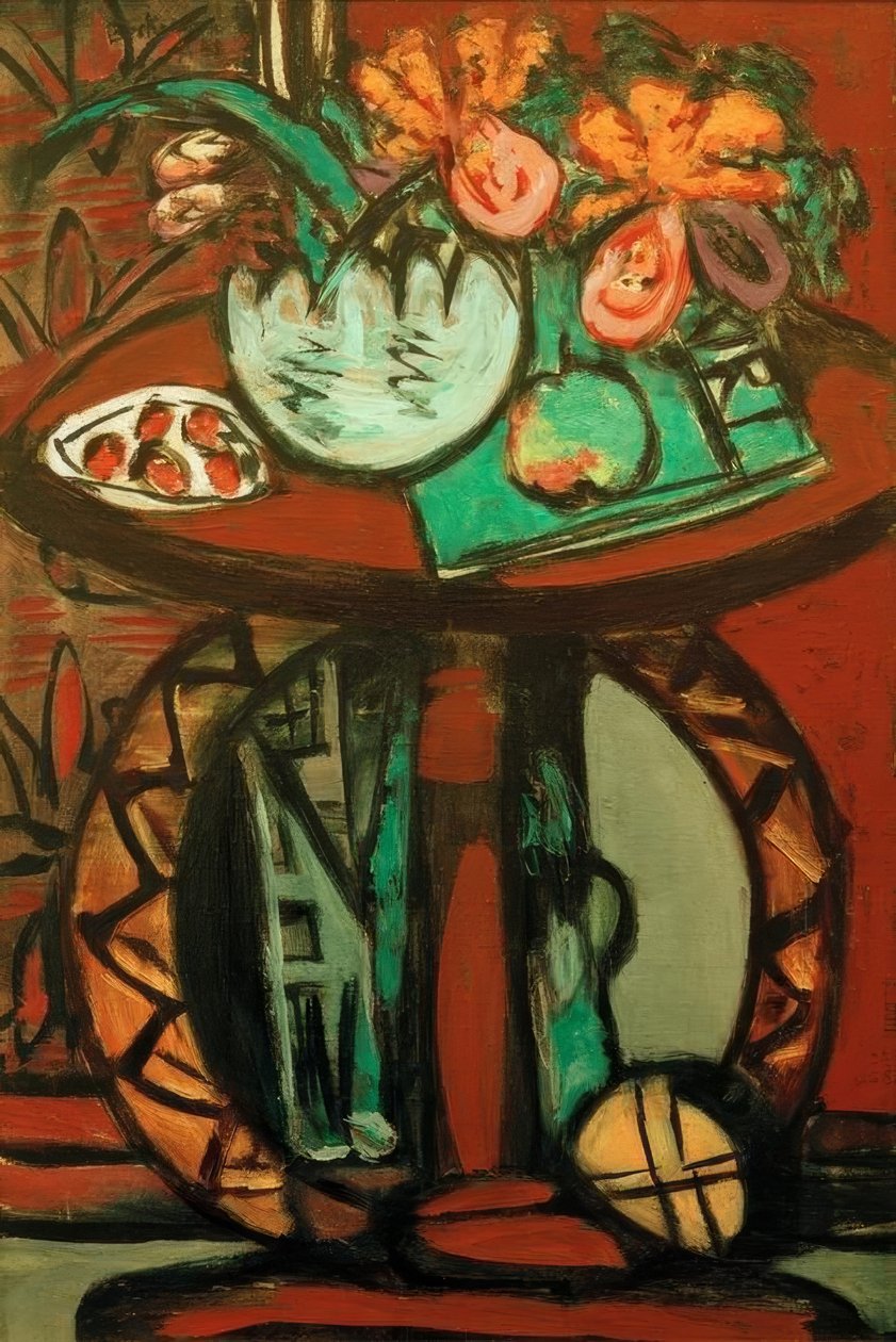 Asetelma oranssinpunaisten orkideoiden kanssa tekijältä Max Beckmann