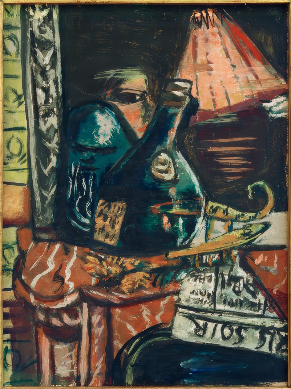 Asetelma kallistuvan viinapullon ja Buddhan kanssa tekijältä Max Beckmann
