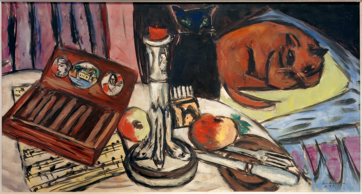 Asetelma hopeisella kynttilänjalalla (asetelma kissojen kanssa) tekijältä Max Beckmann