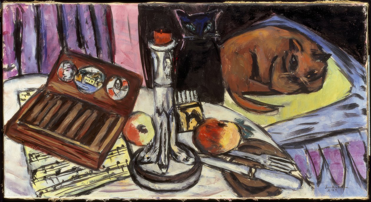 Asetelma hopeisella kynttilänjalalla (asetelma kissojen kanssa) tekijältä Max Beckmann