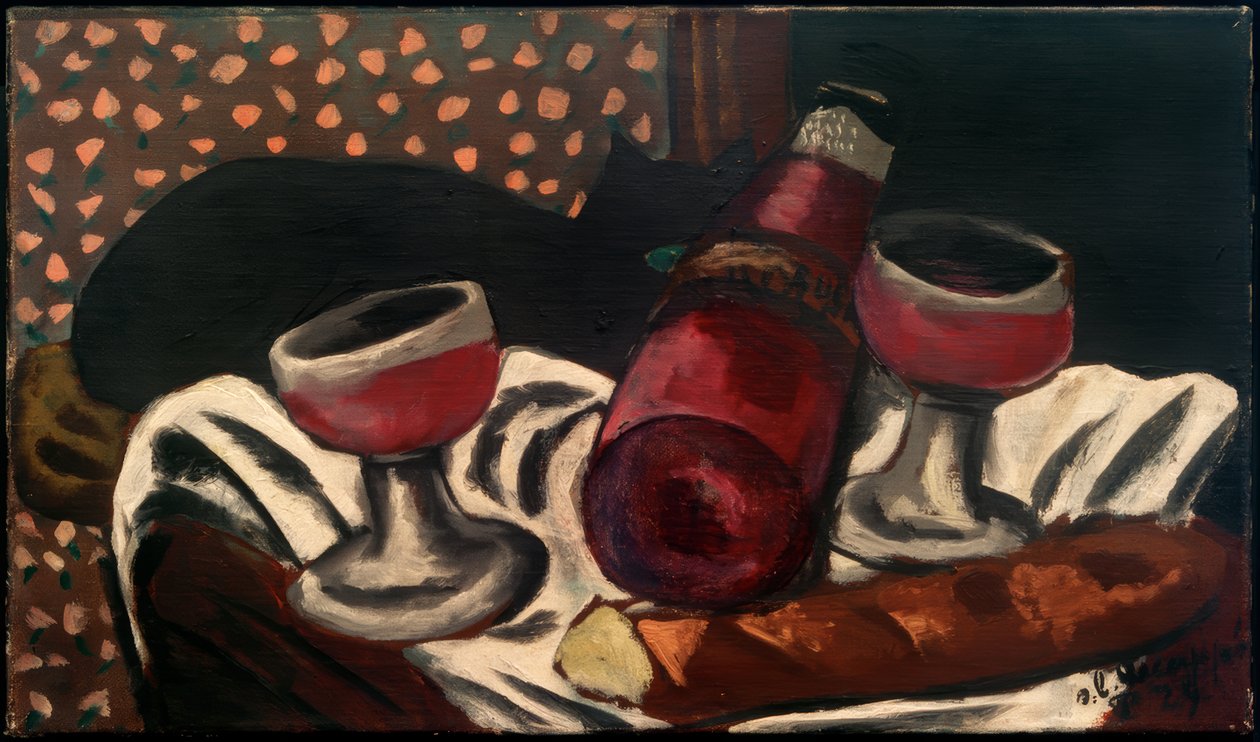 Asetelma viinilasien ja kissan kanssa tekijältä Max Beckmann