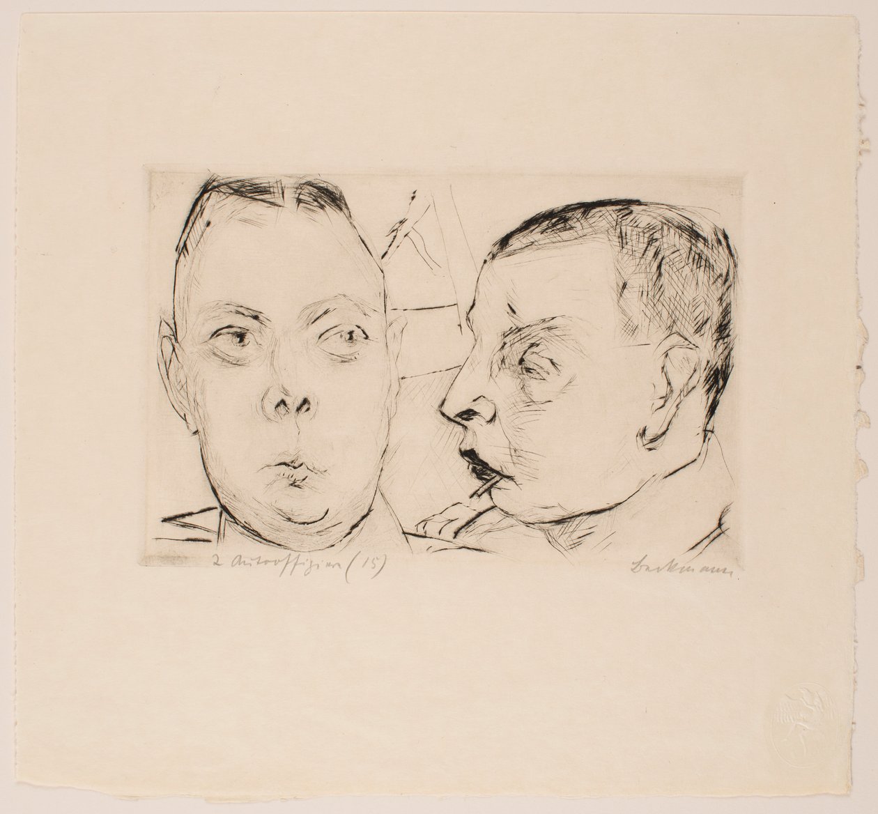 Kaksi autoupseeria, levy 15 portfoliosta "Faces" tekijältä Max Beckmann