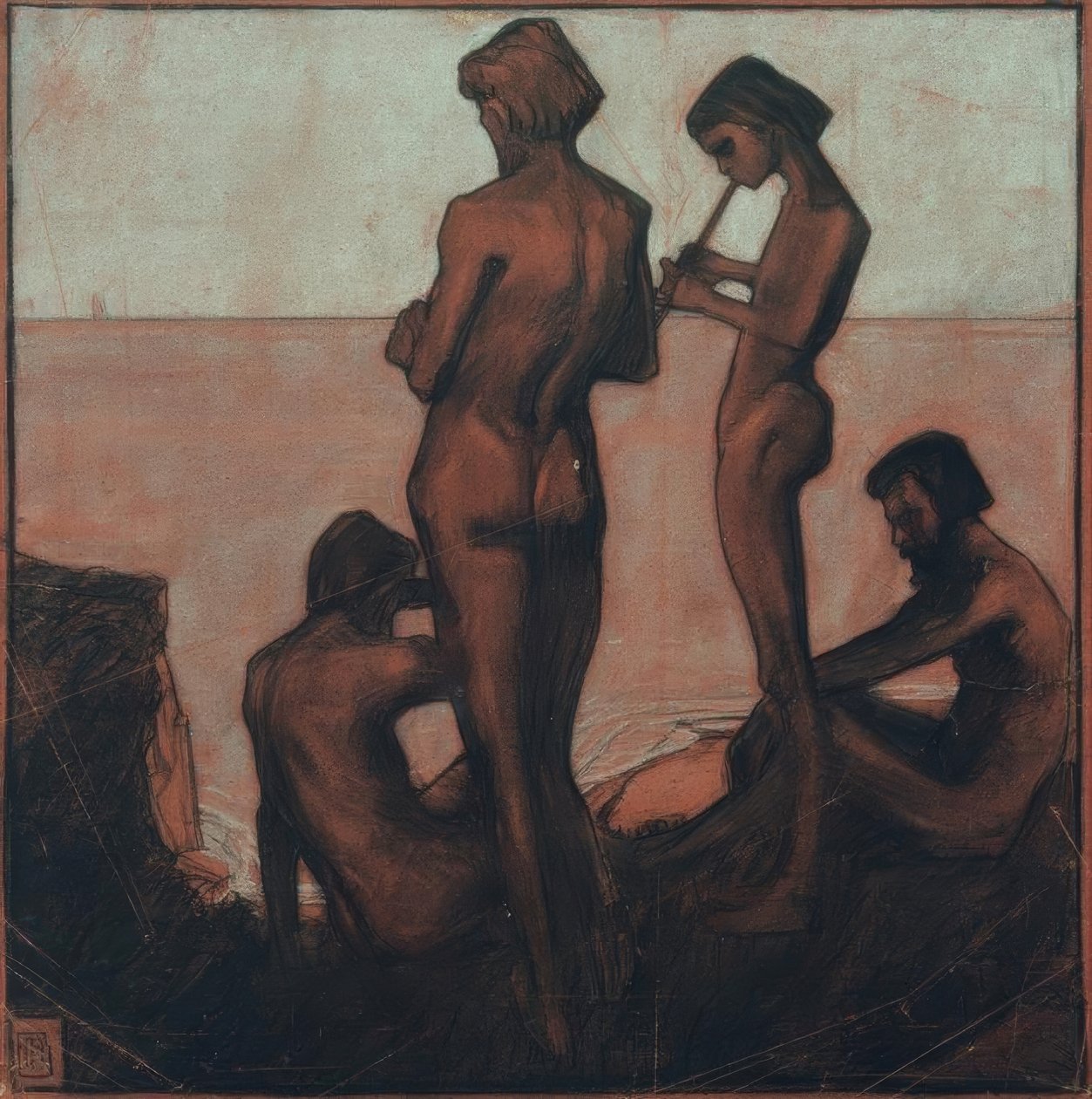 Neljä nuorta miestä meren rannalla (Nuoret miehet meren rannalla - Neljä mieshahmoa meren rannalla) tekijältä Max Beckmann