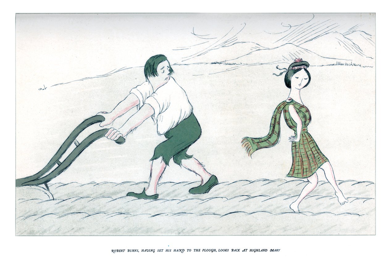Robert Burns, laskenut kätensä auraan, katsoo taaksepäin Highland Marya, 1904. tekijältä Henry Maximilian Beerbohm