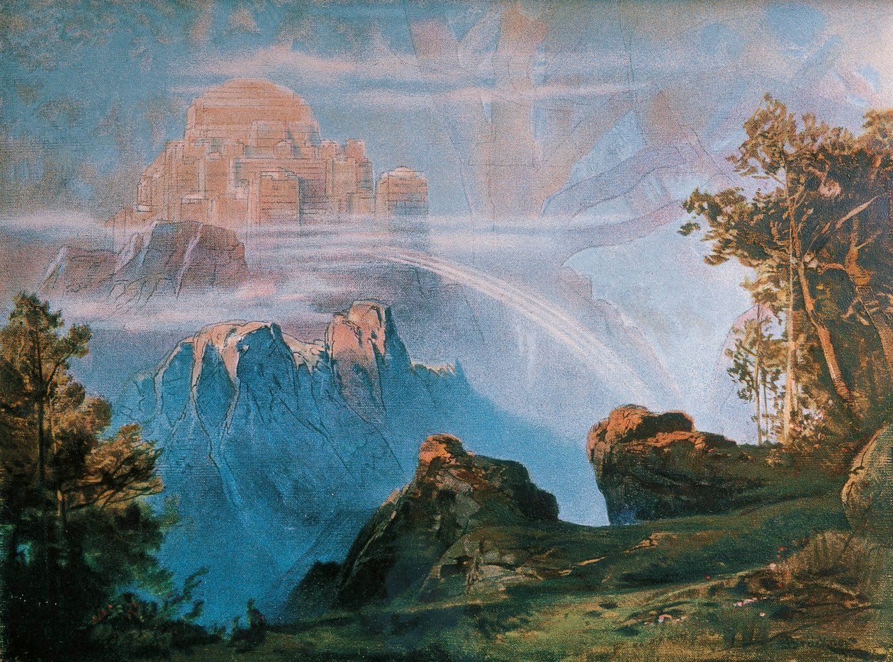 Saksa, Bayreuth, Walhalla, taustana Richard Wagnerin (1813-1883) Nibelungs-renkaan maisemasuunnittelulle tekijältä Max Bruckner