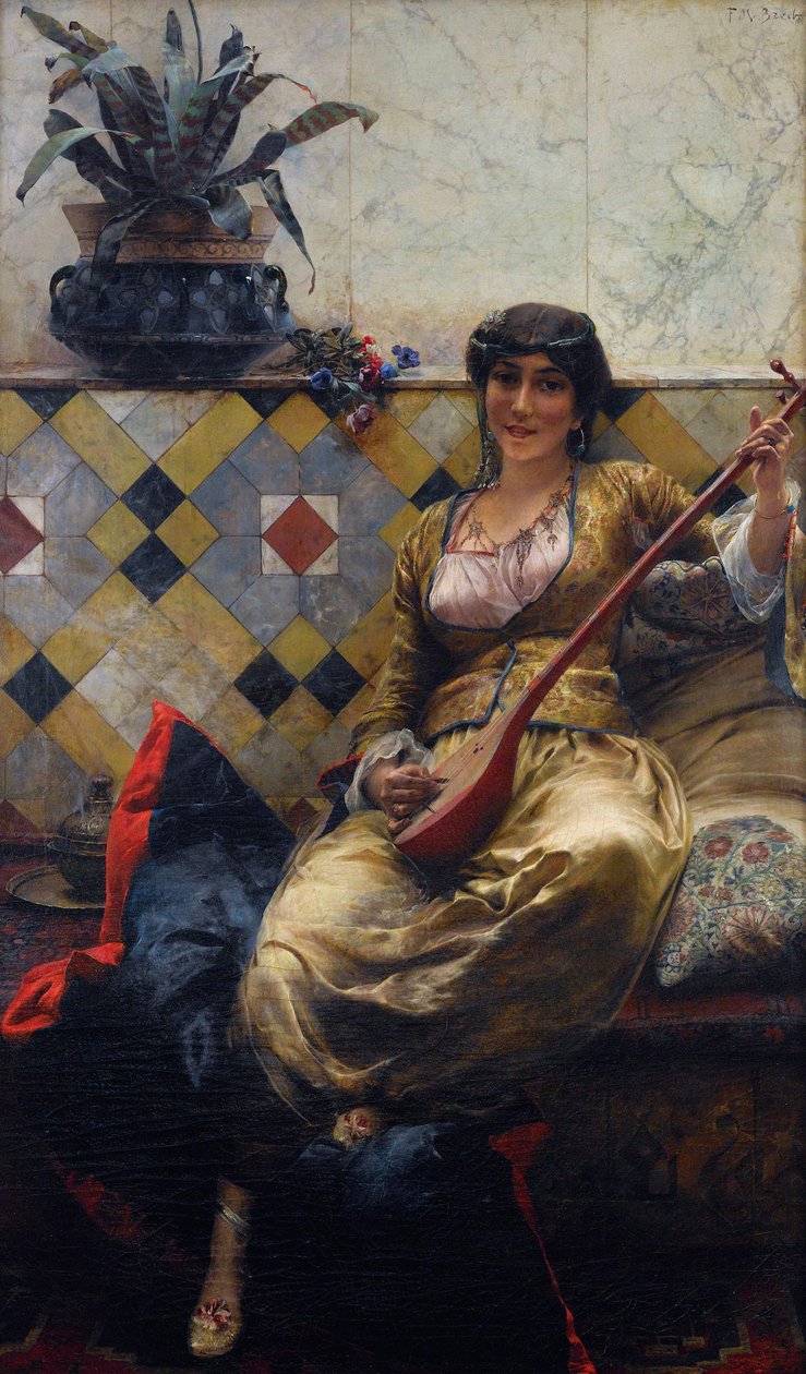 ""Serenade au harem"" (Serenade in the Harem) Peinture de Ferdinand Max Bredt (1860-1921) - Öljy kankaalle Koko 85x52 cm Yksityiskokoelma tekijältä Max Ferdinand Bredt