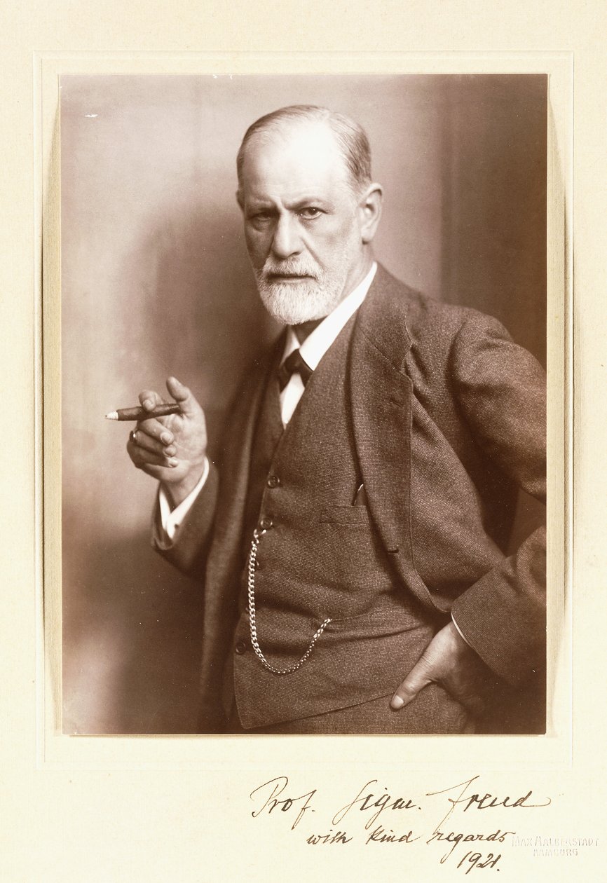 Signeerattu valokuva Sigmund Freudista, n. 1921 (seepiakuva) tekijältä Max Halberstadt