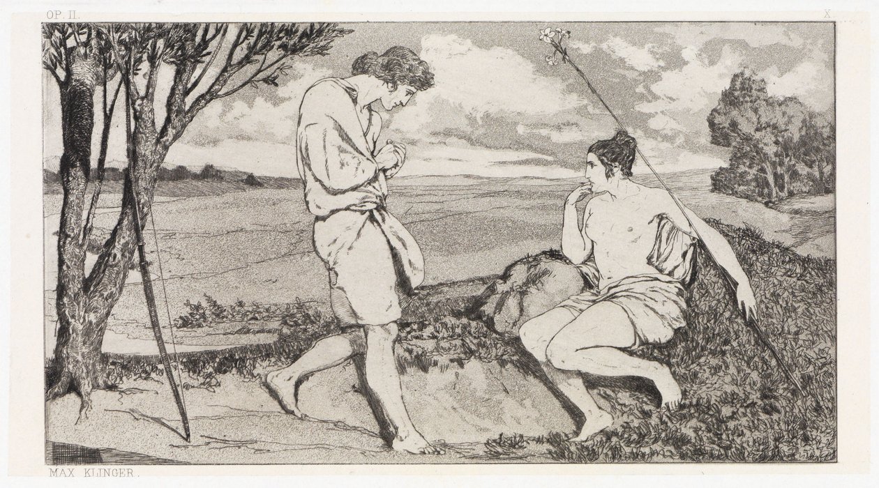 Apollo ja Daphne I (Ovidiuksen uhrien pelastamisia, opus II, lehti 10) tekijältä Max Klinger