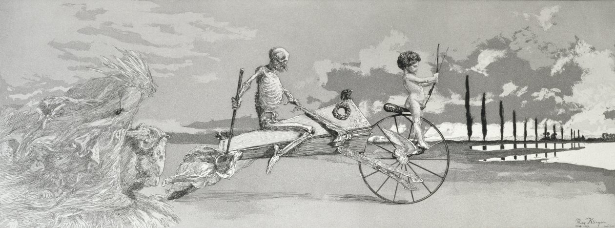 Rakkaus, kuolema ja sen tuolla puolen, 1881, levy XII teoksesta "Intermezzi (etsaus, kuivapiste ja akvatintta)". tekijältä Max Klinger