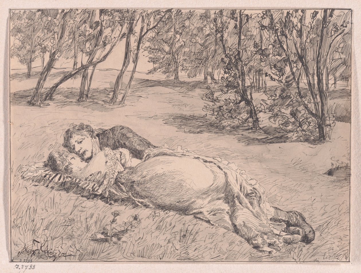 Pari ruohikolla – syleily maisemassa (A Couple on the Grass – An Embrace in a Landscape) tekijältä Max Klinger