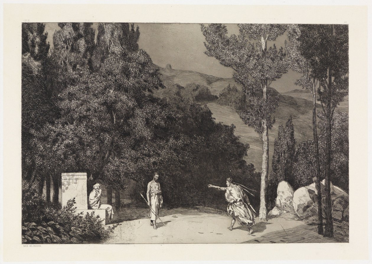 Pyramus ja Thisbe III (Ovidiuksen uhrien pelastukset, Opus II, sivu 4) tekijältä Max Klinger