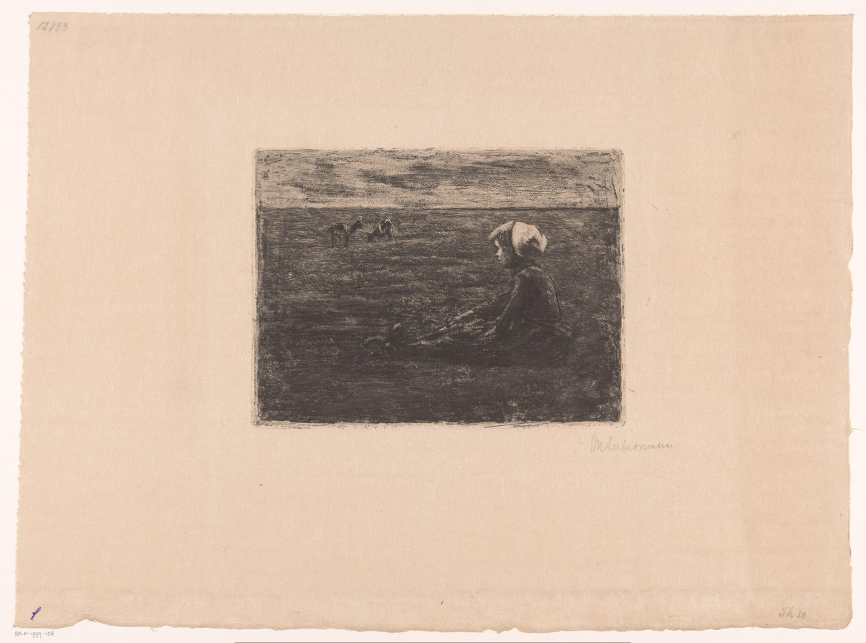 Nuori vuohenpaimen istuu pellolla tekijältä Max Liebermann (signed by artist)