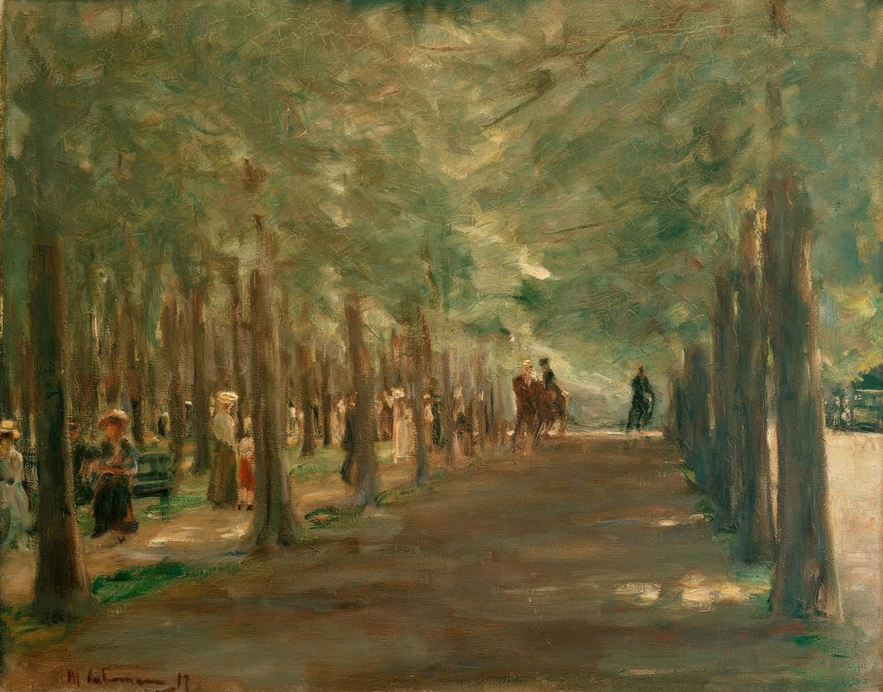 Allee im Tiergarten mit Reitern und Spaziergängern tekijältä Max Liebermann