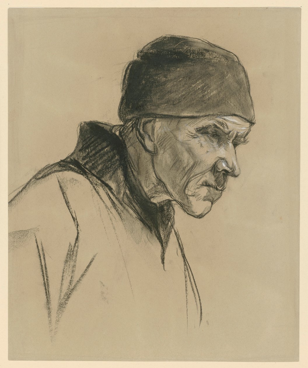 Vanha mies lakki päässä (rintakuva, profiili oikealle), tutkielma teokseen: Kävelevä talonpoika (1894) tekijältä Max Liebermann